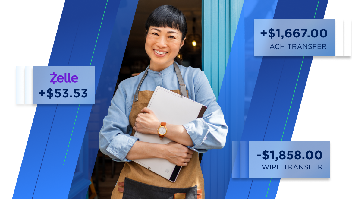 Women in an apron holding her computer smiling with transactions in boxes surrounding her 