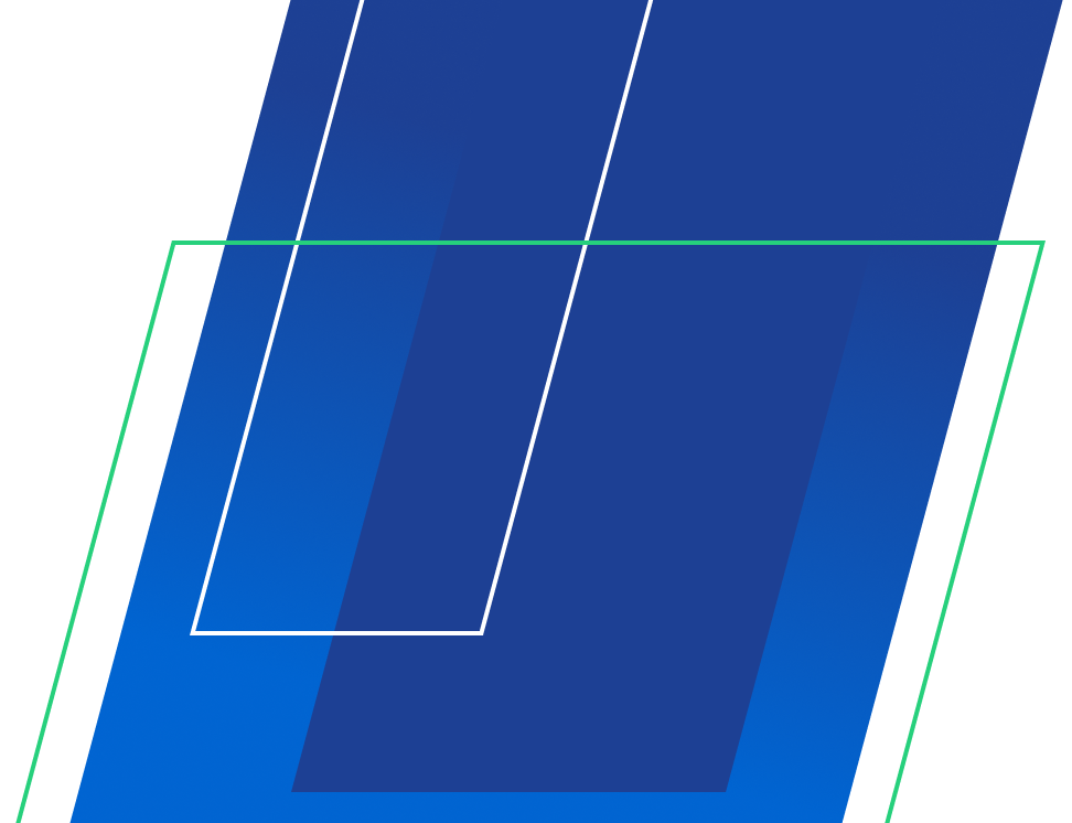 Abstract blue geometric header graphic with angled shapes and a thin green outline.