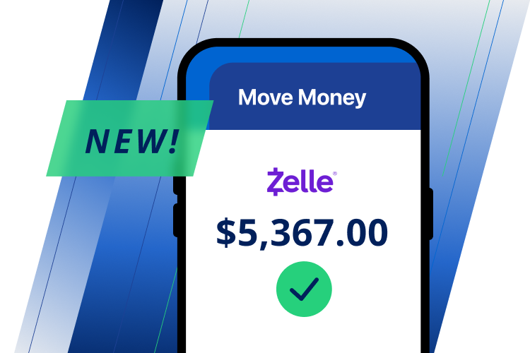 smart phone with the words move money, the zelle logo, the amount $5,367.00 and a check mark